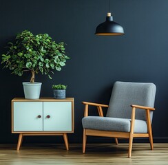 A mid century modern living room corner features a gray armchair, a white cabinet, and a lush green potted plant against a dark gray wall