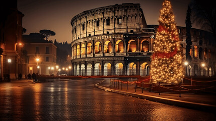 Street in a Christmas night, Street decorated for Christmas. rome, italy
