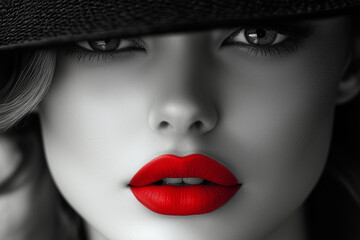 Fototapeta premium striking black and white portrait of woman with bold red lips, showcasing elegance and allure. Her captivating gaze and stylish hat enhance dramatic effect