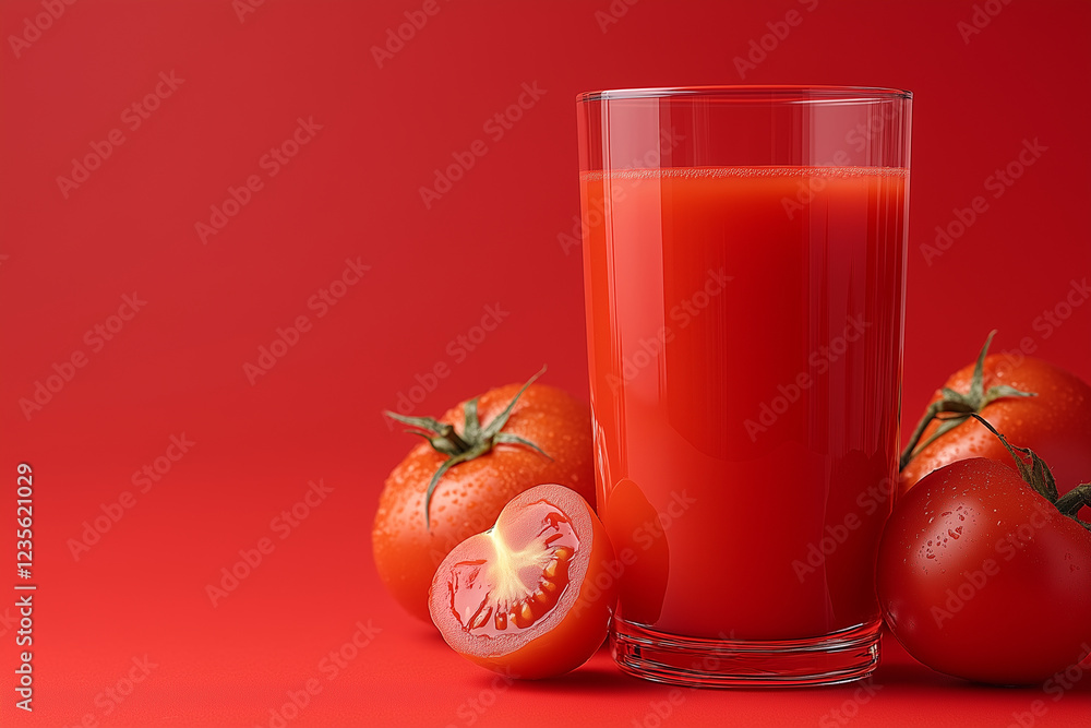 Poster fresh tomato juice in glass with whole and sliced tomatoes on red background. vibrant colors create 