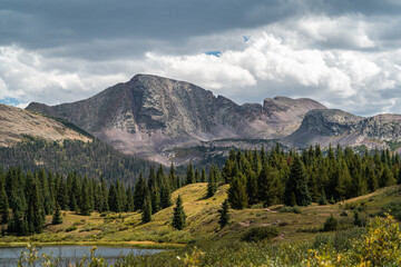 A stunning view of a vast mountain range surrounded by lush pine trees, with scattered clouds decorating the sky and a serene natural ambiance. Ideal for outdoor, nature, and travel themes.