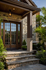 Elegant Stone House Exterior with Modern Design and Landscaping