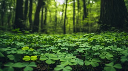Fototapeta premium Lush Green Forest Floor Covered with Vibrant Clover Leaves