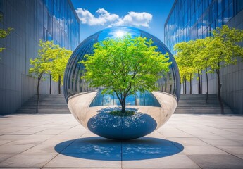 A vibrant green tree thrives inside a reflective chrome sphere, located in a modern cityscape under a bright, sunny sky. The scene contrasts nature