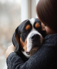 woman hugging dog by window, showcasing warm bond and affection. dog appears relaxed and content, creating serene atmosphere