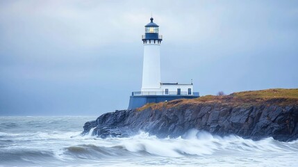 Coastal Lighthouse: Dramatic Waves and Serene Sky