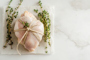 Fresh Raw Chicken Thigh Wrapped with Twine and Fresh Thyme Sprigs