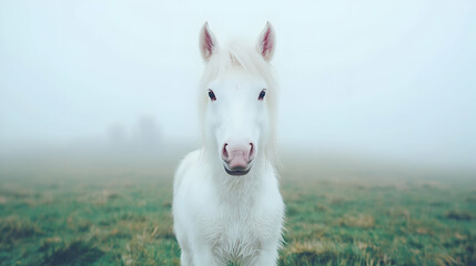 Fototapeta premium White horse standing in a foggy green pasture looking directly at the camera.