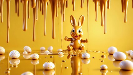 Cheerful easter bunny with eggs in bright yellow chocolate dripping scene. Easter, Pascha, Paskha, Ostern, Pascua, Paques - Orthodox and Catholic Holiday celebration