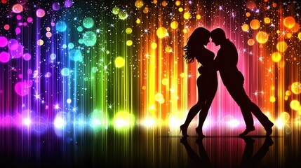 Couple dancing romance, colorful lights, party background, romantic event