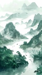 Fototapeta premium Green and white Chinese style ink landscape poster background