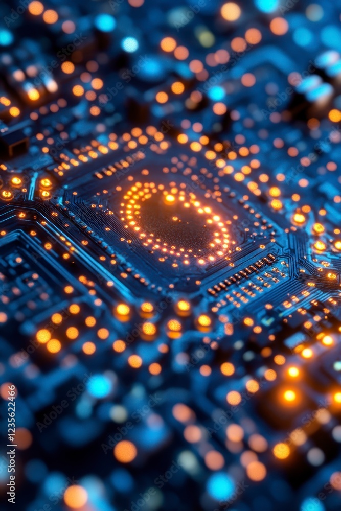 Poster close up view of a circuit board with glowing orange and blue components. the central processor is h