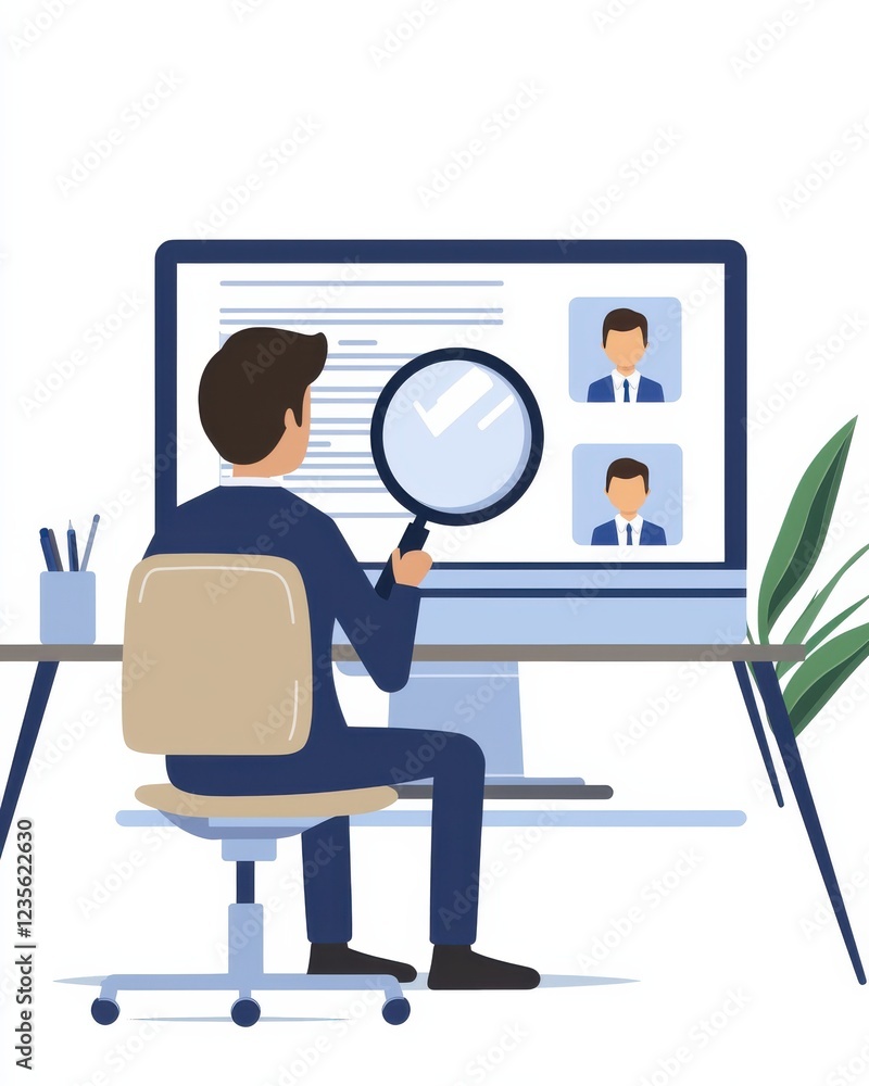 Poster a person examines profiles on a computer screen using a magnifying glass, suggesting a focus on rese