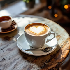 Fototapeta premium Latte with Perfect Heart Design Served on Wooden Tray in Warm Lighting