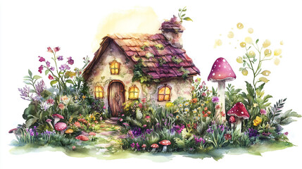 Fototapeta premium A picturesque house with garden full of colorful flowers with warm tune, Watercolor drawing of little village house and some are mushrooms shape, beautiful garden in watercolor design for decoration.
