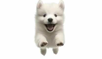 Obraz premium Joyful white puppy in mid air against a white background. The puppy is fluffy, small, and appears to be jumping. Its mouth is open in a happy