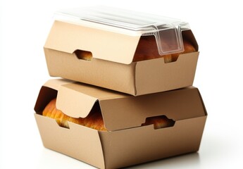 Two kraft paper food containers with transparent lids stacked on a white background. The containers appear to hold baked goods, possibly cakes or