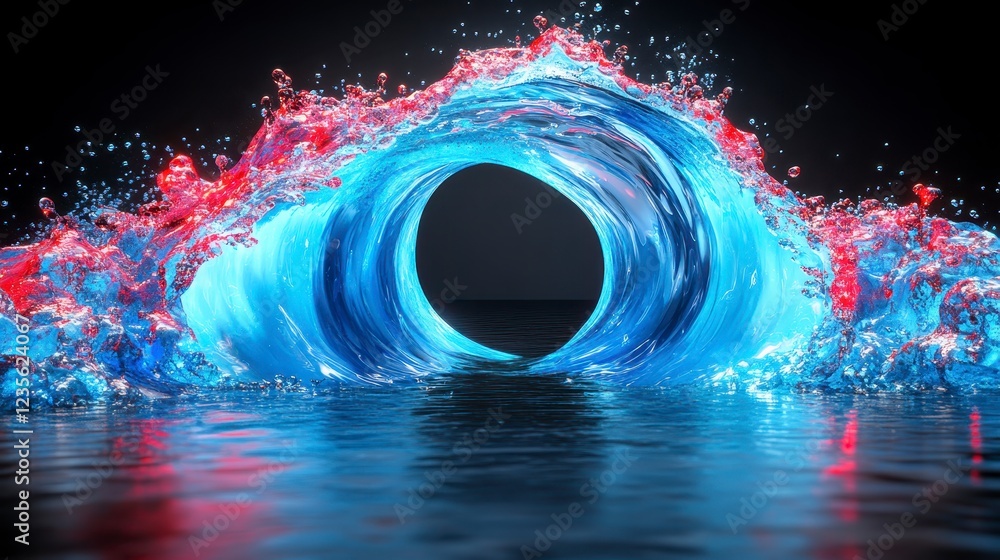 Poster abstract swirling water vortex with red and blue luminescence, creating a circular portal effect ove