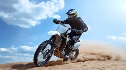 Obraz premium Motocross Rider: Dynamic White Dirt Bike in Sunny Sandscape