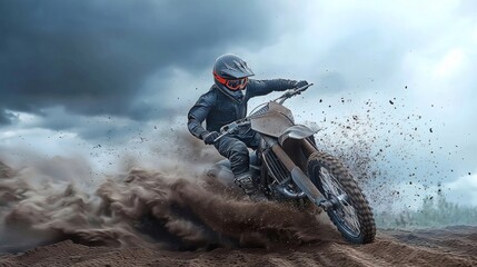 Motocross Rider in Dramatic Dusty Landscape: A Powerful Action Image