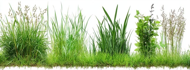 Fototapeta premium Lush green grass and various plants against a white background. The image shows a detailed close up of a variety of green foliage, including tall