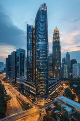 Obraz premium Modern skyscrapers in the city, towering buildings with glass facades reflecting light at dusk, symbolizing corporate power and innovation
