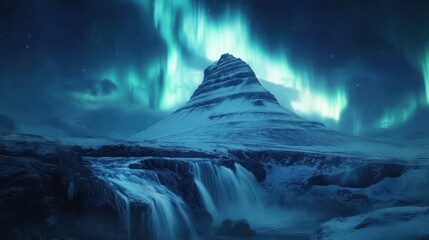 Fototapeta premium Iceland Mountain Aurora Waterfall Night Sky Landscape