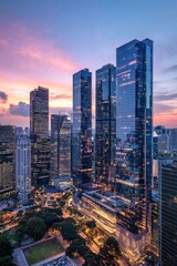 Modern skyscrapers in the city, towering buildings with glass facades reflecting light at dusk, symbolizing corporate power and innovation
