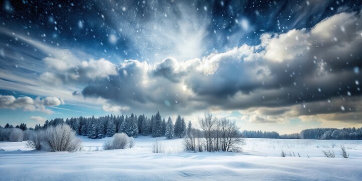 Caldo invernale con nuvole grige e neve scendente verso un paesaggio incontaminato