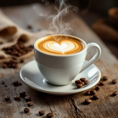 Steaming Cup of Latte Heart Shaped Foam Coffee Beans Scattered on Table