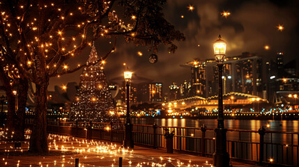 Street in a Christmas night, Street decorated for Christmas. singapore 