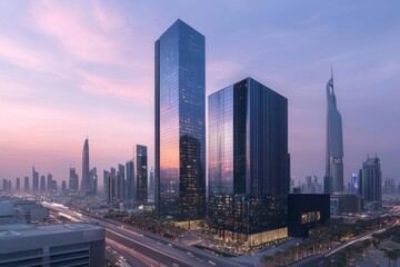 Naklejka premium Modern skyscrapers in the city, towering buildings with glass facades reflecting light at dusk, symbolizing corporate power and innovation
