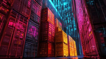 Fototapeta premium Futuristic cargo container yard illuminated with vibrant neon lights and digital patterns