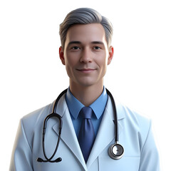 A realistic photo of a confident doctor in a white coat with a stethoscope, against a solid blue background, with even, natural lighting highlighting their features.