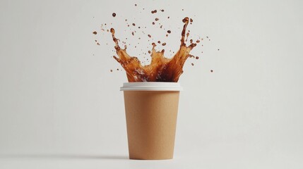 Coffee splash in paper cup, white background, beverage, energy