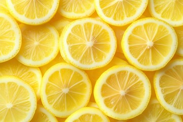 Close-up of numerous vibrant yellow lemon slices arranged in an overlapping pattern.