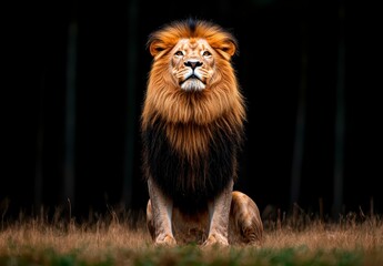 Fototapeta premium Majestic male lion sits in a dark forest clearing; his golden mane is speckled with water droplets. The background is blurred, emphasizing the lion's