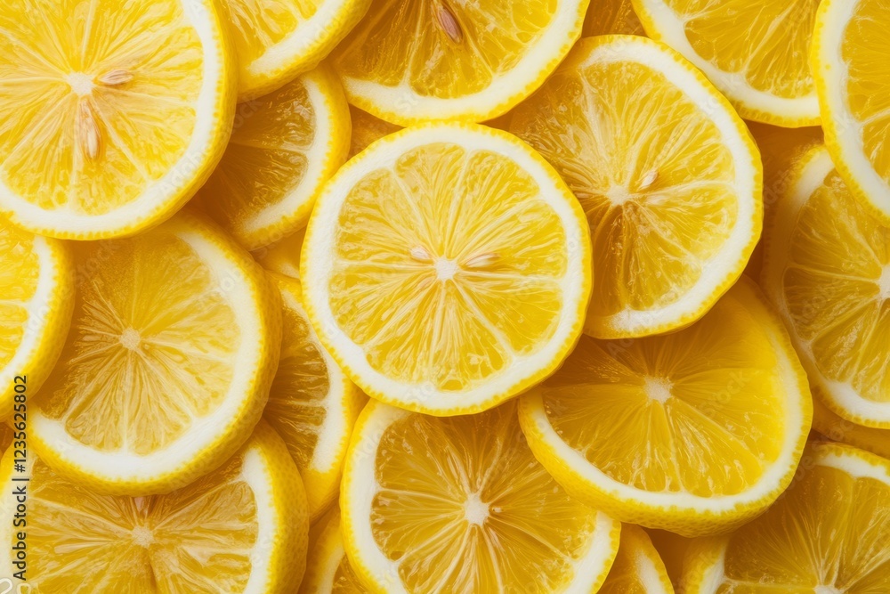 Poster close-up of many vibrant yellow lemon slices arranged in a dense pattern.