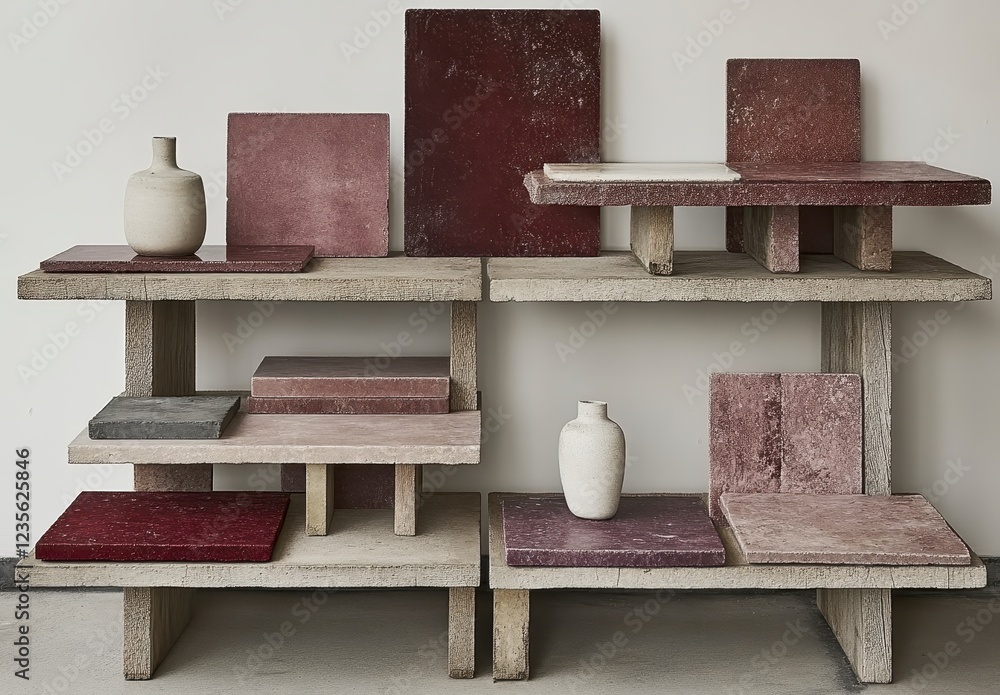 Poster speckled maroon and gray stone samples displayed on a minimalist two tiered shelf against a white wa