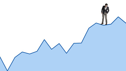 Man, chart and graph flow in studio, stock market broker and financial growth on white background....