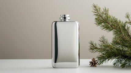 Silver flask, pine branch, neutral background, holiday gift