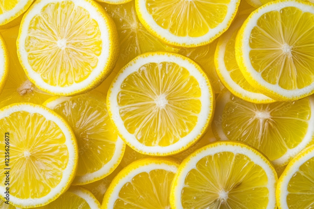Poster close-up of vibrant yellow lemon slices arranged in an overlapping pattern, showcasing their juicy t