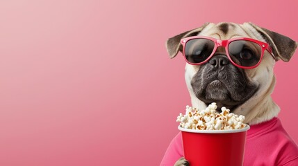Dogs in football fandom with popcorn and copy space background.