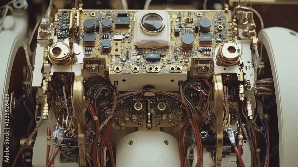 Aufkleber ai-controlled robotic soldering of high-precision electronics components, top-down perspective.
