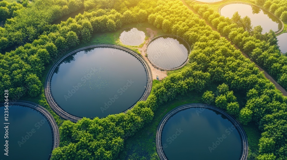 Poster aerial view of circular irrigation systems operating in a high-tech farm.