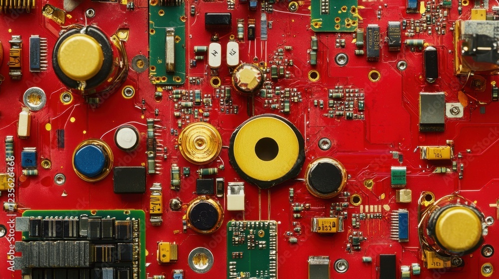 Poster ai-controlled robotic soldering of high-precision electronics components, top-down perspective.