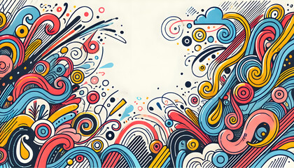 Hand-drawn squiggles and doodles in bold, fun colors along the edges.