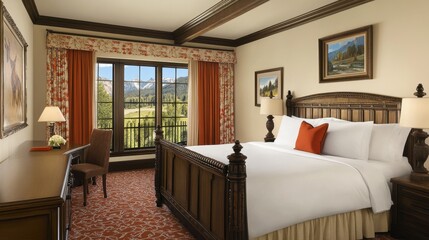 An elegant hotel room with plush bedding and artistic decor, top-down perspective.
