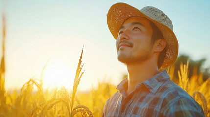young farmer holding golden wheat at field