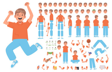 Little boy character constructor. Set of different positions of arms legs body and head for creating animation